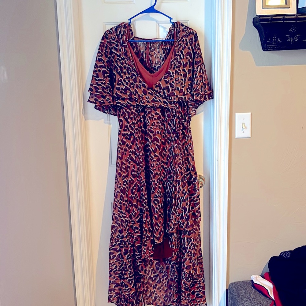 CALVIN KLEIN Womens Rust & Brown Chiffon Flutter Sleeve Dress Plus 18